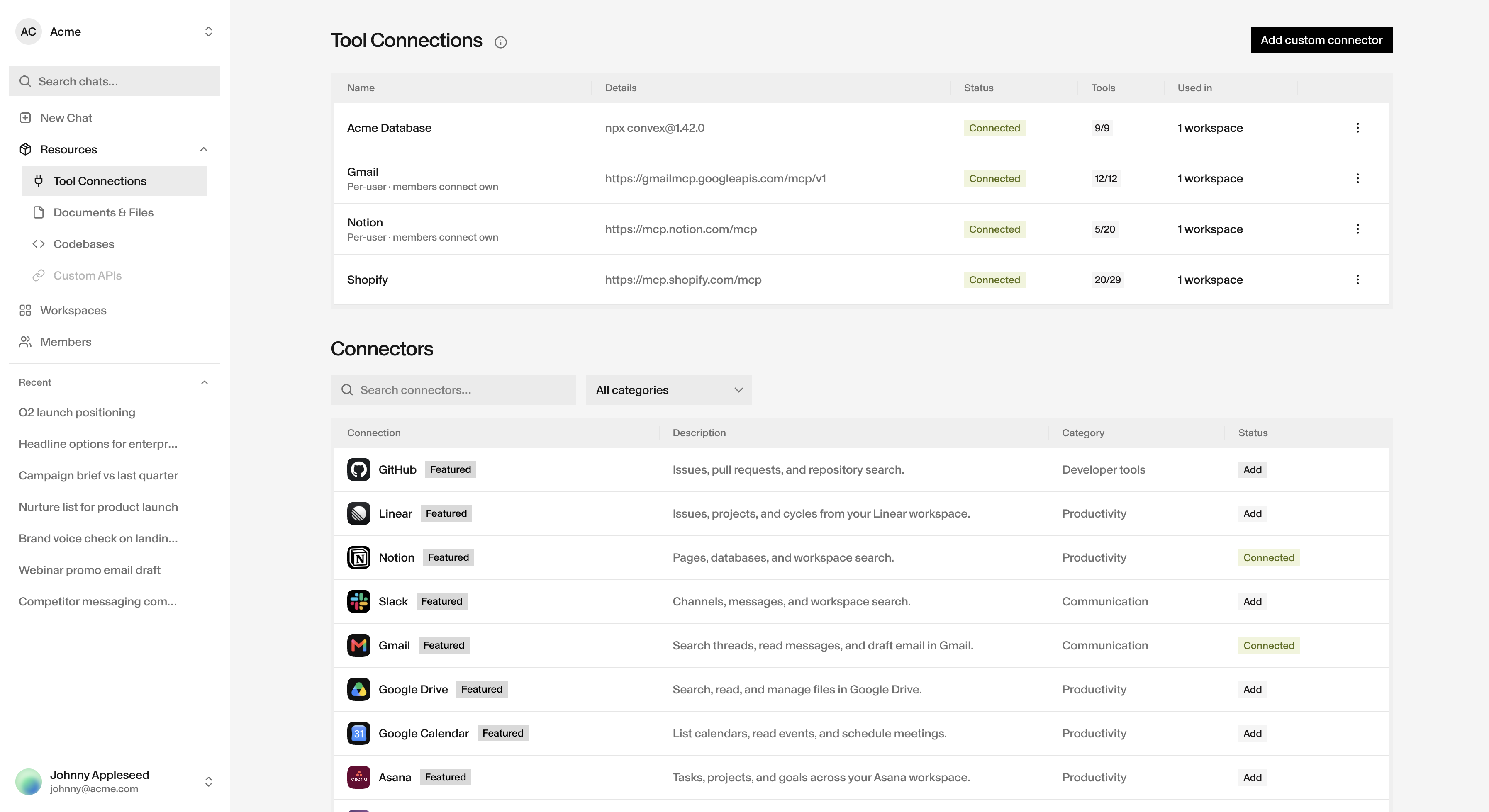 Faction Tool Connections screen with org integrations and connector catalog